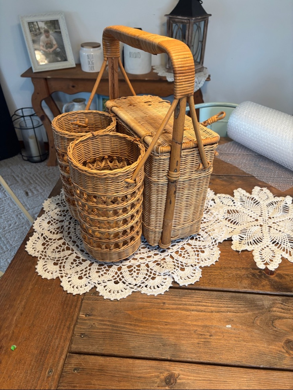 Woven Rattan Picnic & Drink Carrier - Natural Tan